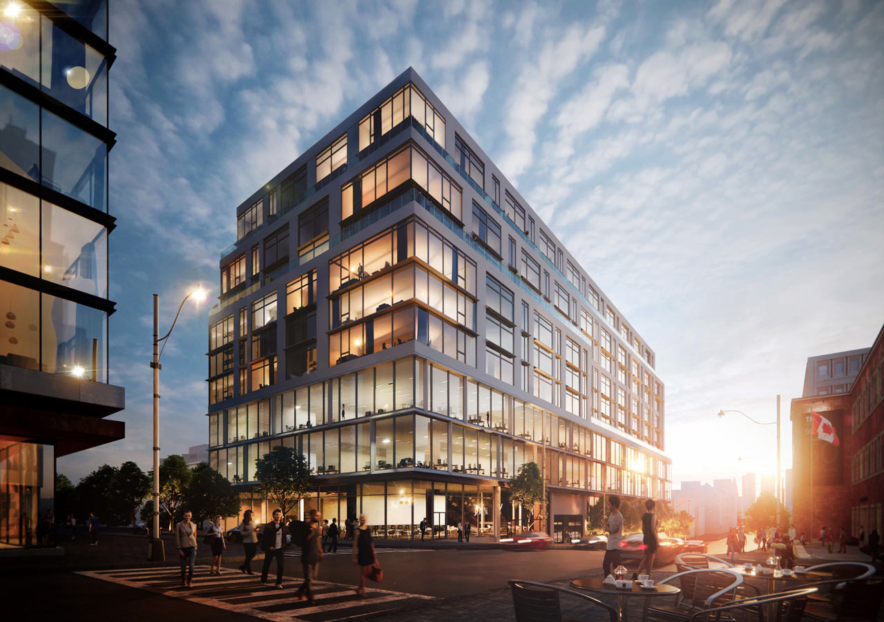 Photoreal dusk exterior street-corner render showcasing a modern glass building